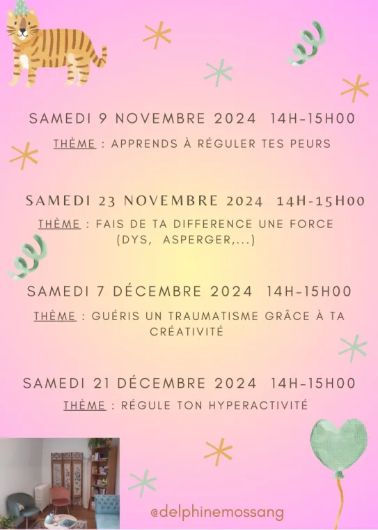 Les thèmes des ateliers créatifs et thérapeutiques pour les enfants et adolescents novembre-décembre 2024 à Versailles, Versailles, Delphine Mossang